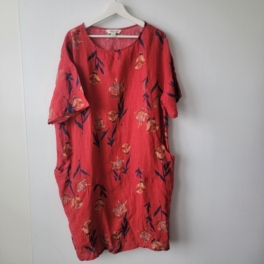 Coldwater women's floral linen shift dress size L short sleeves side pockets